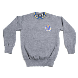 MARIST <BR>
Round Neck Jumper <BR>
Crested Grey with trim of yellow & royal <BR>