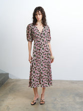 Load image into Gallery viewer, FRENCH CONNECTION <BR>
Molly Puff Sleeve Tea Dress <BR>
Black &amp; Pink Floral Design <BR>

