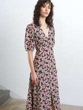 Load image into Gallery viewer, FRENCH CONNECTION <BR>
Molly Puff Sleeve Tea Dress <BR>
Black &amp; Pink Floral Design <BR>
