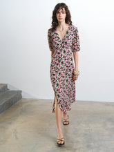 Load image into Gallery viewer, FRENCH CONNECTION <BR>
Molly Puff Sleeve Tea Dress <BR>
Black &amp; Pink Floral Design <BR>
