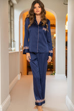 Load image into Gallery viewer, POUR MOI <BR>
Dusk Satin and Lace Revere Collar Pyjama Set <BR>
Navy/pink lace <BR>
