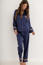 Load image into Gallery viewer, POUR MOI <BR>
Dusk Satin and Lace Revere Collar Pyjama Set <BR>
Navy/pink lace <BR>
