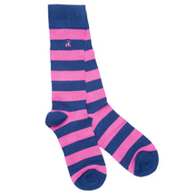 Load image into Gallery viewer, SWOLE PANDA &lt;BR&gt;
Pink &amp; Navy striped bamboo socks
