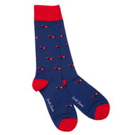 SWOLE PANDA <BR>
Men’s Racing Car Bamboo Socks <BR>
Navy & red <BR>