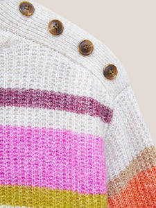WHITE STUFF <BR>
Rainbow Stripe Jumper, Buttoned at left of neck <BR>
Natural Multi <BR>