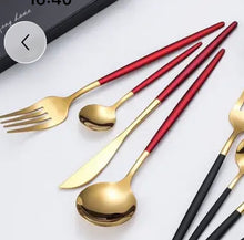 Load image into Gallery viewer, SOSTRAW&amp;SMARTTHINGS<BR>
4 Piece, Matte Finish Cutlery <BR>
2 Tone Red &amp; Gold <BR>
