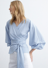 Load image into Gallery viewer, MORE AND MORE&lt;BR&gt;
Wrap Blouse&lt;BR&gt;
Blue/White&lt;BR&gt;
