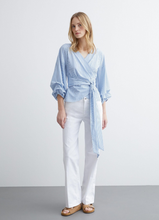 Load image into Gallery viewer, MORE AND MORE&lt;BR&gt;
Wrap Blouse&lt;BR&gt;
Blue/White&lt;BR&gt;
