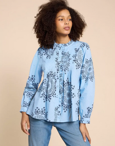 WHITE STUFF<BR>
Fia Frill Neck Blouse<BR>
Blue<BR>