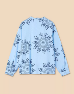 WHITE STUFF<BR>
Fia Frill Neck Blouse<BR>
Blue<BR>