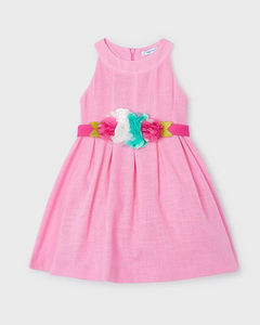 MAYORAL<BR>
Girls Pink Cotton Flower Belt Dress<BR>
15/Pink<BR>