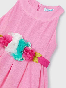 MAYORAL<BR>
Girls Pink Cotton Flower Belt Dress<BR>
15/Pink<BR>