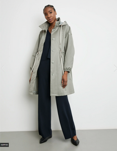 GERRY WEBER<BR>
Long Outdoor Jacket with Waist Drawstring<BR>
Reed Green<BR>