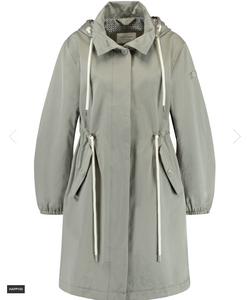 GERRY WEBER<BR>
Long Outdoor Jacket with Waist Drawstring<BR>
Reed Green<BR>