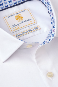 BROOK TAVERNER<BR>
Regular and Tailored Fit White Herringbone Cotton Stretch Shirt<BR>
White<BR>