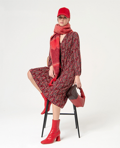 SURKANA<BR>
Printed Long Dress<BR>
Maroon<BR>