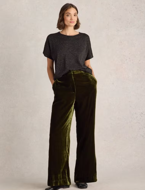 WHITE STUFF<BR>
Belle Velvet Wide Leg Trousers<BR>
Khaki<BR>