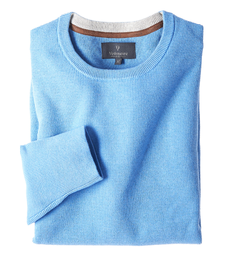 VEDONEIRE<BR>
Men's Textured Crew Neck Jumper<BR>
Elemental Blue, Tranquil Blue, Nephrite<BR>