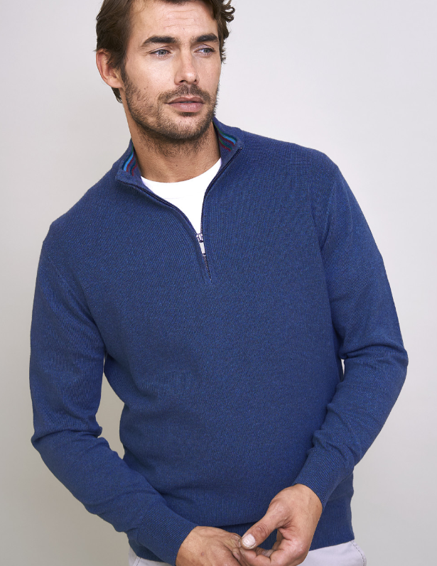 VEDONEIRE<BR>
Men's Half Zip Cotton Jumper<BR>
Elemental Blue, Navy<BR>