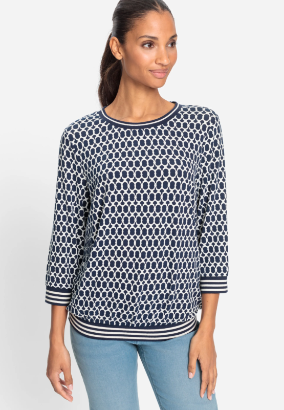 OLSEN<BR>
Keyhoe Print T Shirt<BR>
Navy/White<BR>