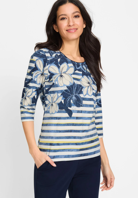 OLSEN<BR>
Flower Striped Print Cropped Sleeve Top<BR>
White/Blue<BR>