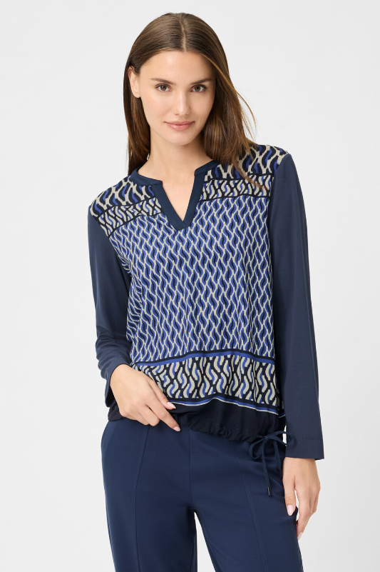 OLSEN<BR>
Shirt with Graphic Panel Pattern<BR>
Navy<BR>