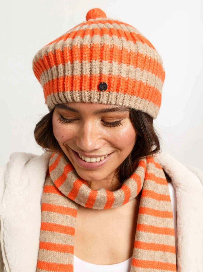 FRAAS<BR>
Striped Rib Knit Beret<BR>
Black, Orange<BR>