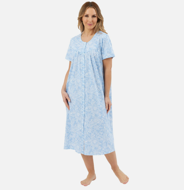 MARLON<BR>
Short Sleeve Button Nightie<BR>
Blue<BR>