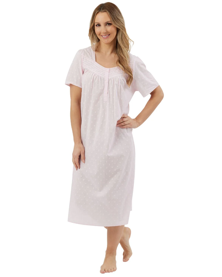 MARLON<BR>
Women's Linear Short Sleeve Button Nightie<BR>
Pink<BR>