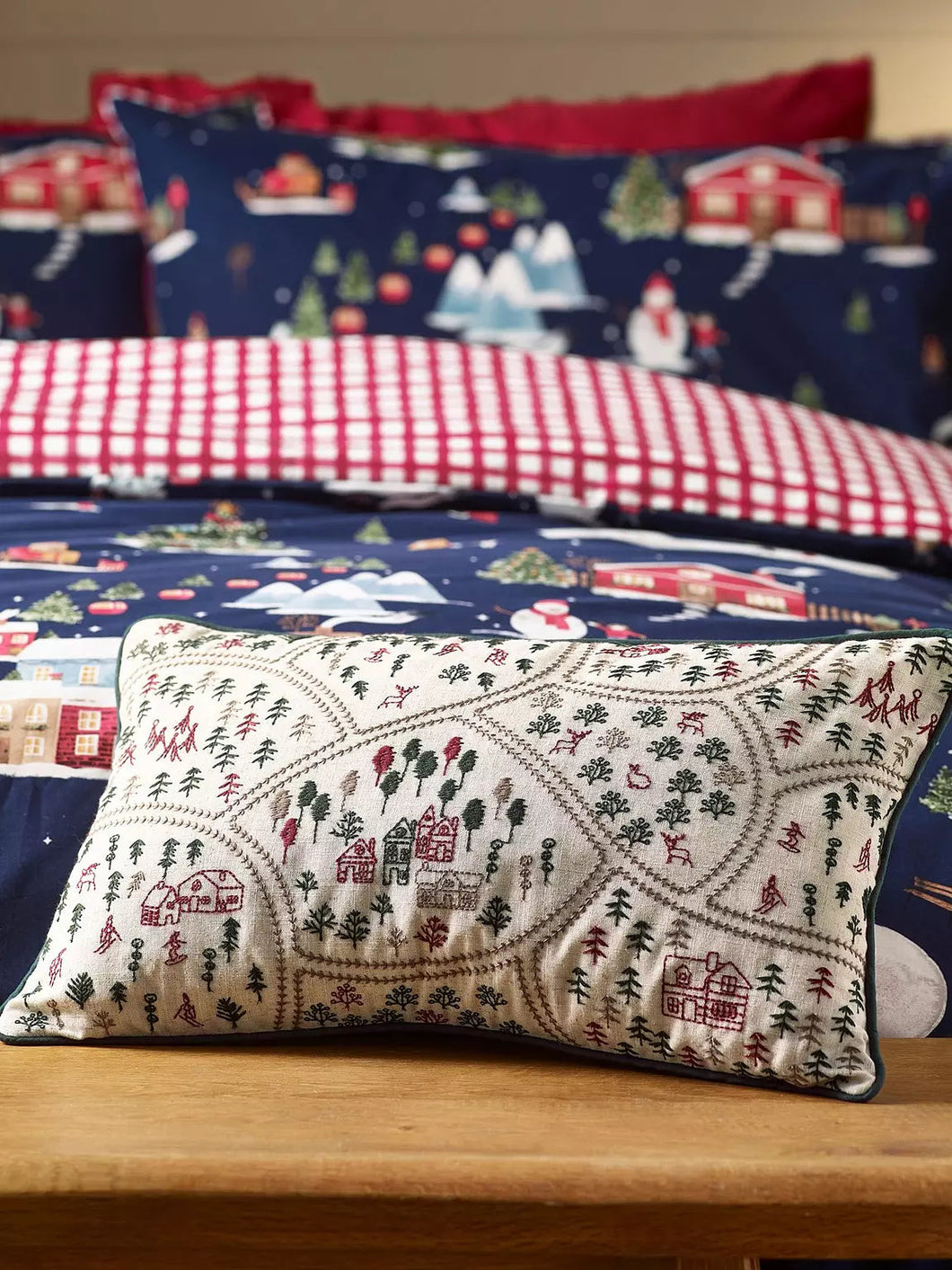 CATHERINE LANSFIELD <BR>
Christmas Ski Village Embroideried Cushion <BR>
Natural <BR>