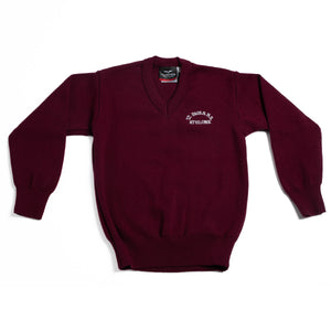 ST. PAULS NS <BR>
Acrylic V Neck Jumper <BR>
Crested Wine <BR>