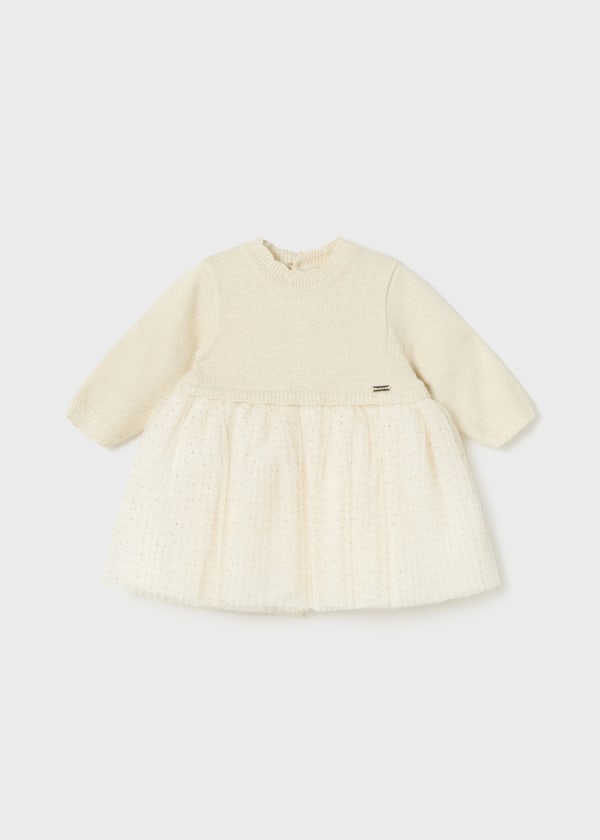 MAYORAL <BR>
Newborn combined fine knit and tulle dress<BR>
Champagne <BR>