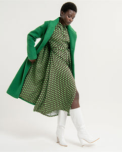 SURKANA <BR>
Full length, Double breasted, belted coat <BR>
Emerald <BR>
