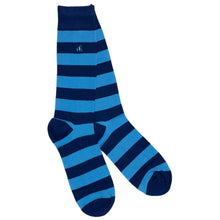 Load image into Gallery viewer, SWOLE PANDA &lt;BR&gt;
Sky Blue &amp; Navy striped bamboo socks
