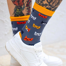 Load image into Gallery viewer, SWOLE PANDA &lt;BR&gt;
Men&#39;s Cats Socks&lt;BR&gt;
Grey &amp; Yellow
