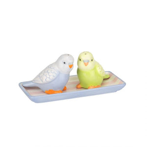 CATH KIDSTON <BR>
Budgie Salt & Pepper Shakers On Tray <BR>
Blue & Green <BR>