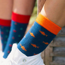 Load image into Gallery viewer, SWOLE PANDA &lt;BR&gt;
Men&#39;s Goldfish Socks&lt;BR&gt;
Blue &amp; Orange
