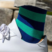 Load image into Gallery viewer, SWOLE PANDA &lt;BR&gt;
Green &amp; Navy striped bamboo socks
