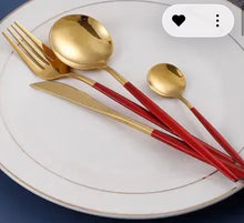Load image into Gallery viewer, SOSTRAW&amp;SMARTTHINGS<BR>
4 Piece, Matte Finish Cutlery <BR>
2 Tone Red &amp; Gold <BR>
