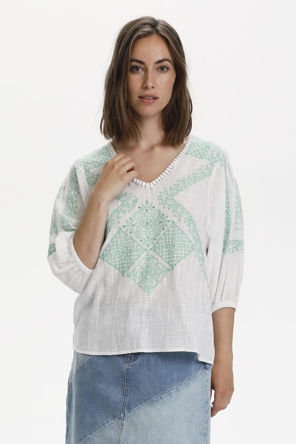CREAM <BR>
Bella Blouse <BR>
White & Green <BR>