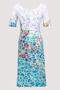 DOLCEZZA <BR>
Printed Short Sleeve Dress <BR>
Turq multi <BR>