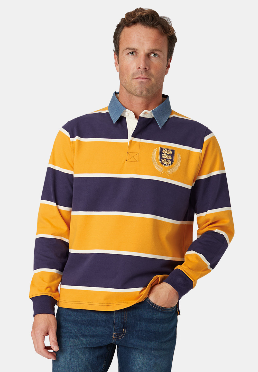 BROOK TAVERNER <BR>
Staithes rugby shirt <BR>Navy & Yellow<BR>