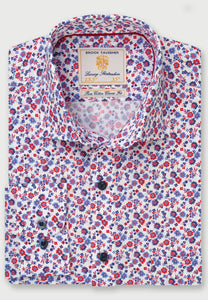BROOK TAVERNER <BR>
Casual Business Shirt <BR>
White with Navy, Blue and Red Flower Print <BR>