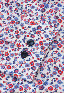 BROOK TAVERNER <BR>
Casual Business Shirt <BR>
White with Navy, Blue and Red Flower Print <BR>