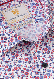 BROOK TAVERNER <BR>
Casual Business Shirt <BR>
White with Navy, Blue and Red Flower Print <BR>