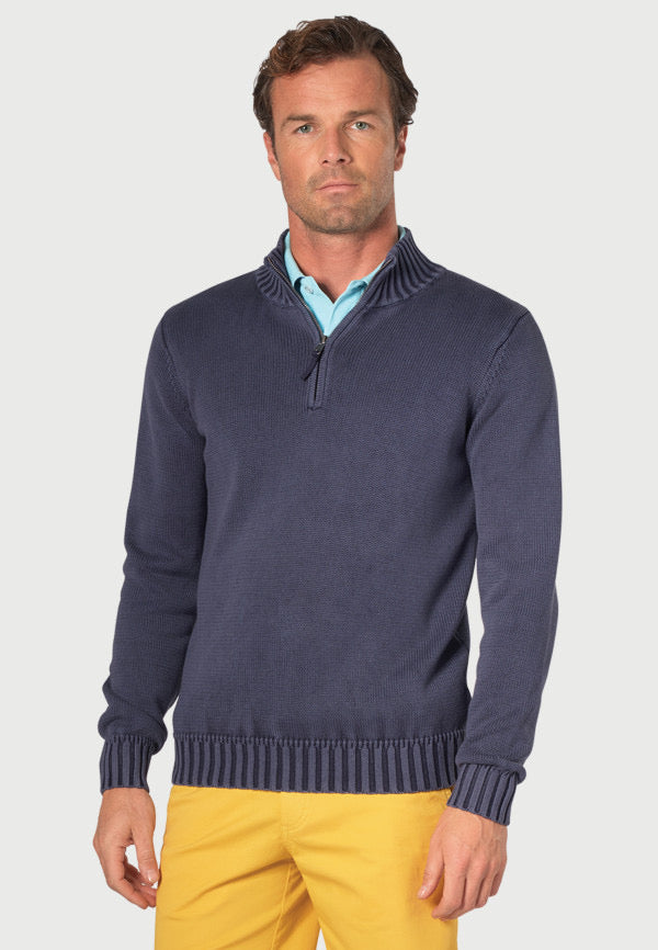 BROOK TAVERNER <BR>
Edmonds Cotton 1/4 Zip Sweater <BR>
Navy <BR>