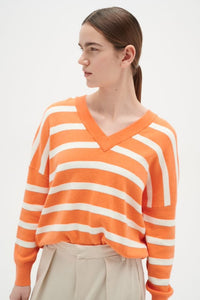 INWEAR <BR>
Foster Striped  V Neck Sweater <BR>
Cantaloupe Stripe <BR>