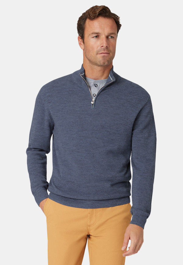 BROOK TAVERNER <BR>
Ricky 1/4 Zip Sweater <BR>
Blue <BR>