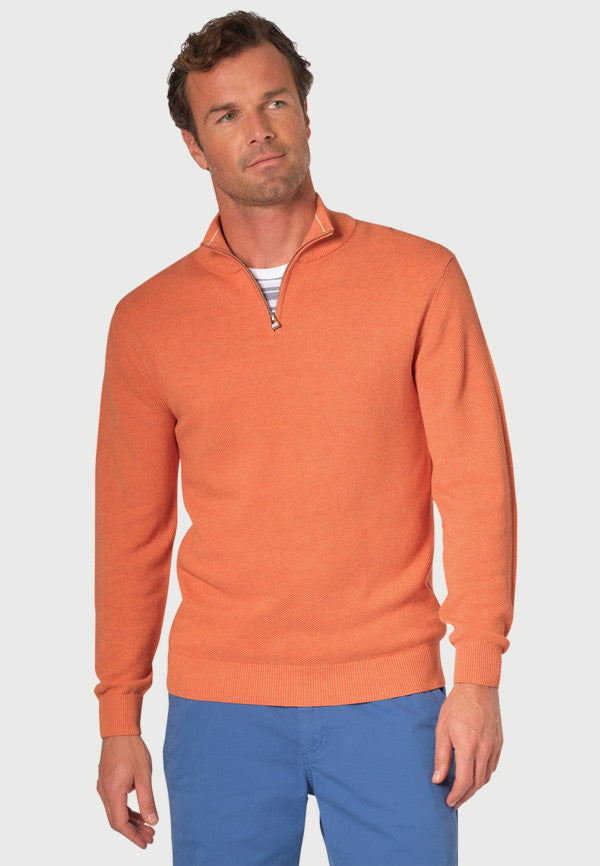BROOK TAVERNER <BR>
Ricky 1/4 Zip Sweater <BR>
Salmon <BR>