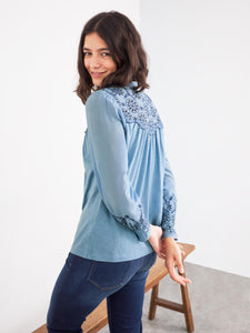 WHITE STUFF <BR>
Broderie Jersey Shirt <BR>
Blue <BR>